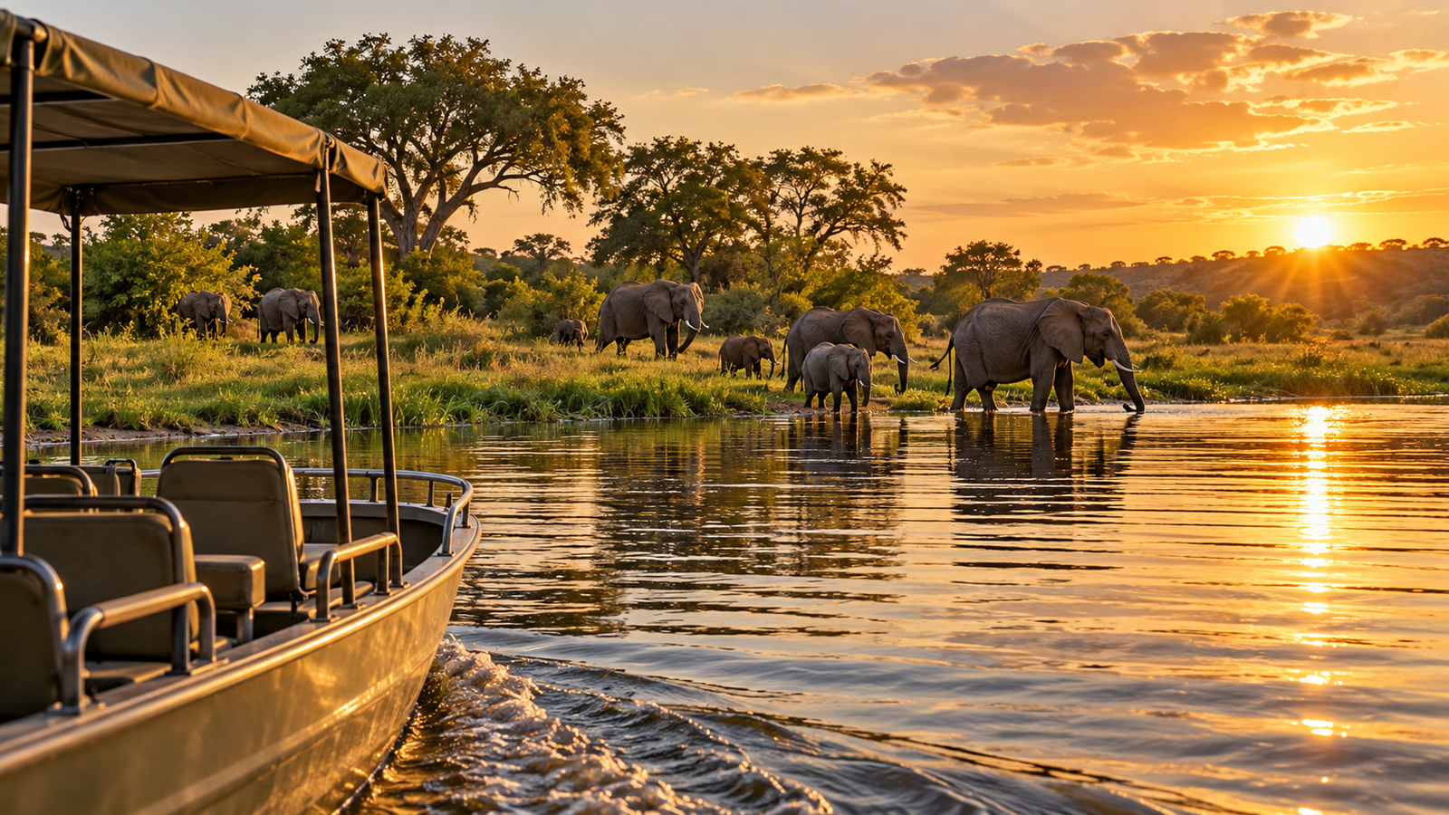 Safari boat on the Chobe River near elephants